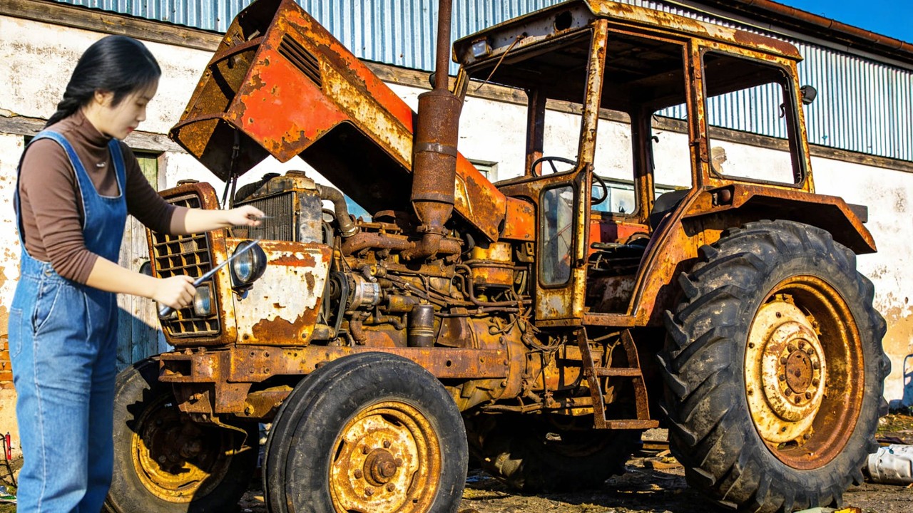💡天才女孩修复生锈坏了十年的拖拉机，外壳腐蚀严重零件缺失，7天时间修成粉色猛男机器！A genius girl repairs a ten-year-old broken tractor