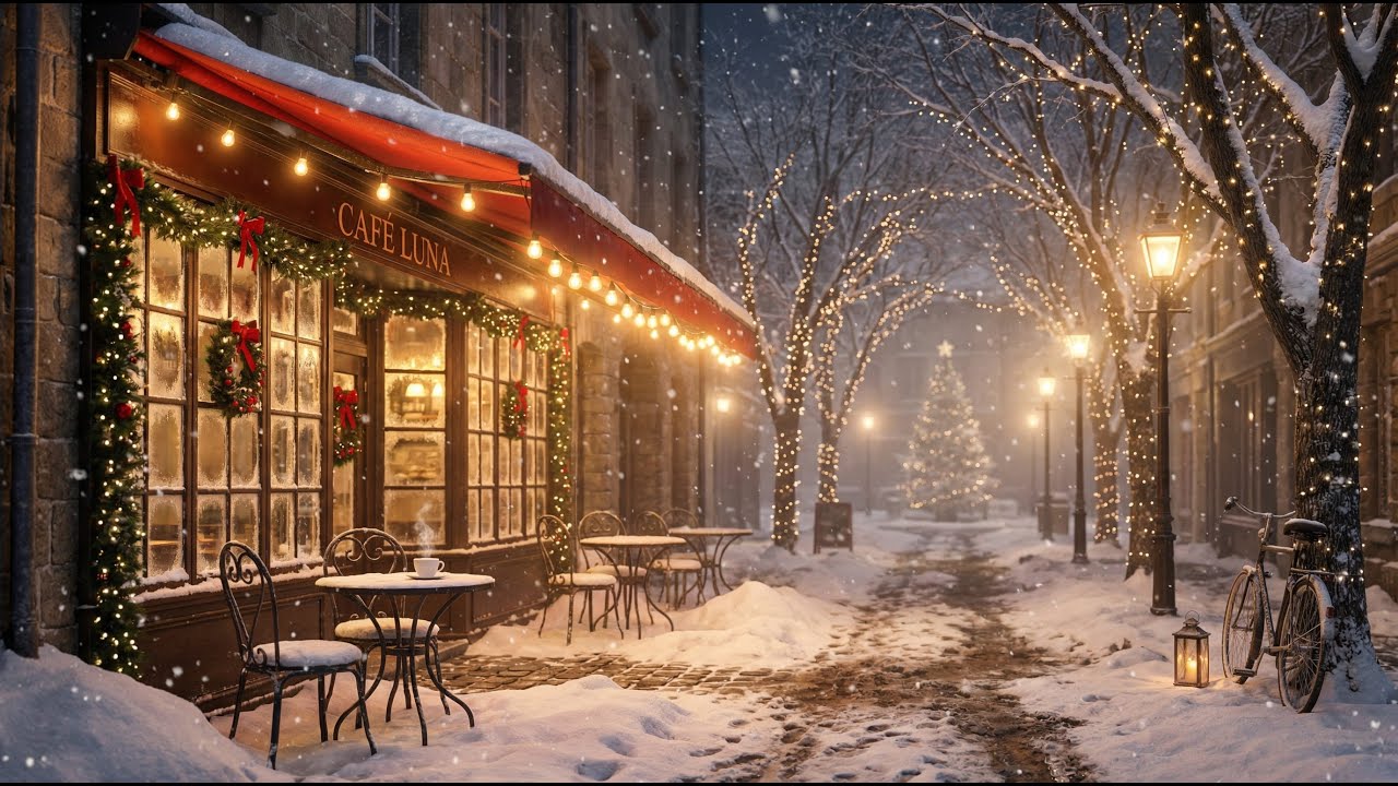 Quiet Winter Night Jazz ☕ Piano Jazz Instrumental at an Outdoor Cafe for a Relaxing Mood 🎶