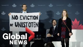 Pipeline protesters blow whistles, interrupt Canada Finance Minister during LNG talks