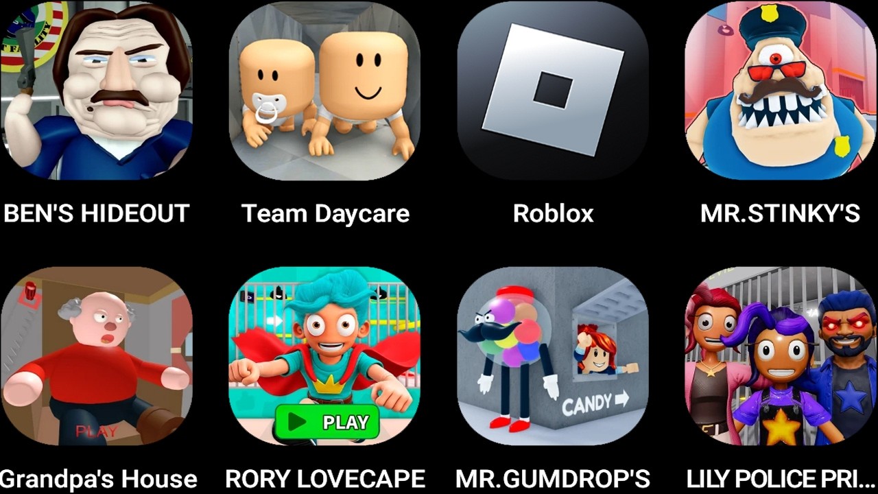 BEN'S HIDEOUT,Team Daycare,Roblox,MR. STINKY'S PRISON,Grandpa's House,RORY LOVECAPE,MR. GUMDROP'S...