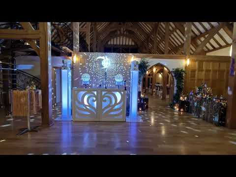 NGB Discos: Wedding DJ setup with disco ball at Rivervale barn wedding venue