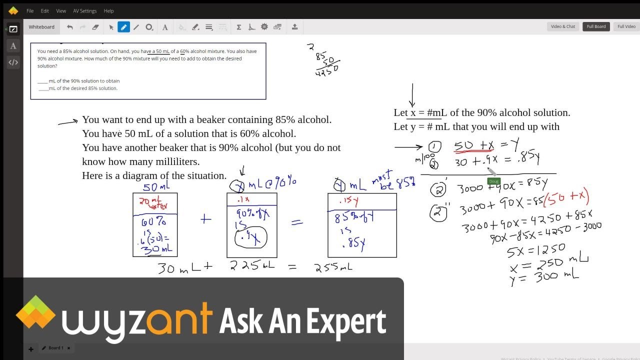 Mixture problem. 50 mL of 60% solution mixed with ?mL of 90% solution ...