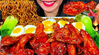 ASMR BLACK BEAN NOODLES, SPICY CHICKEN WINGS, EGGS, BOK CHOY MASSIVE Eating Sounds