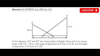 Trigonometry: Two Poles with Angles of Depression. WASSCE 2006: Find CD Between Two Poles