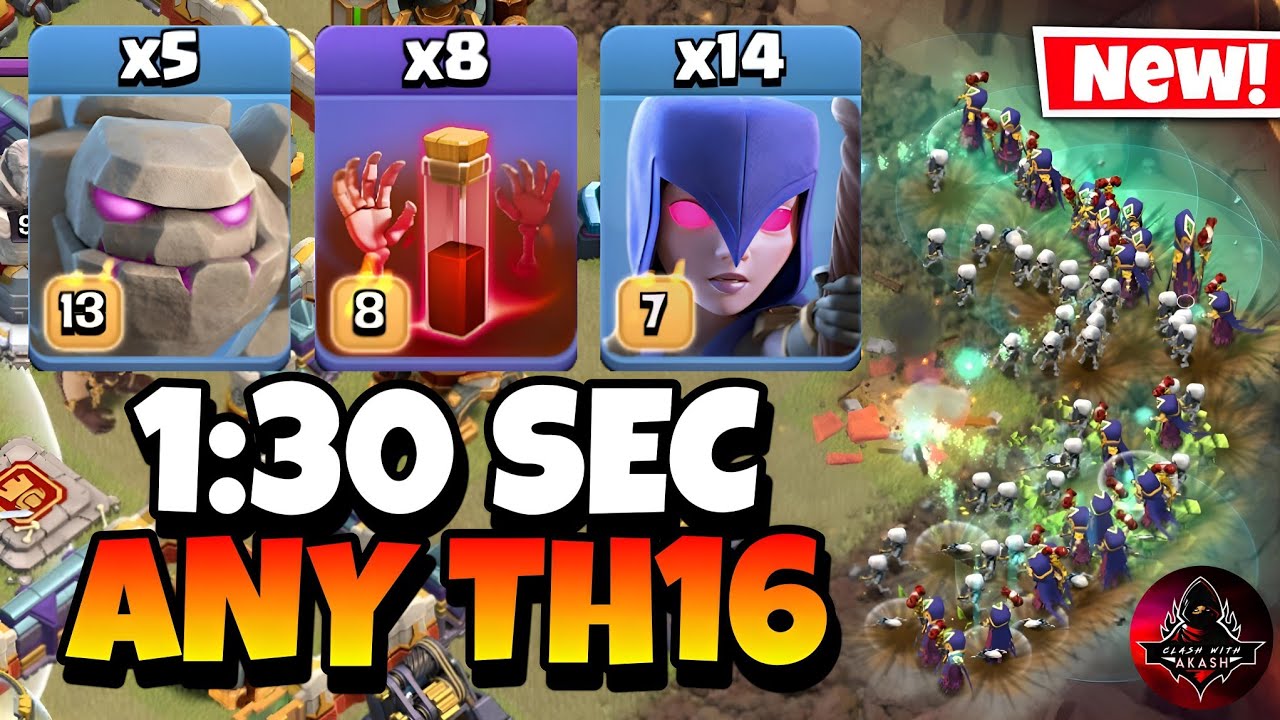 TH16 Golem Witch Attack With 8 Skeleton Spell | Best TH16 Attack Strategy in Clash of Clans