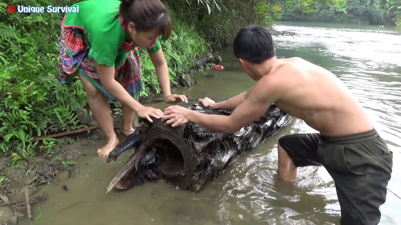 Primitive Life - Unique Fishing Find fish in the core of a rotten tree - Survival Skills in forest