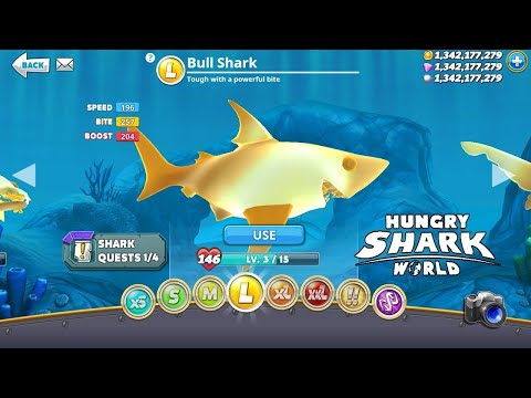 Hungry Shark World BUT I PLAY WITH THE GOLDEN BULL SHARK WITH THE FRENCH SKIN! HACK MOD APK GEMS