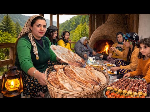 يوم شتوي ضبابي في شمال إيران خبز الحليب التقليدي مع كباب البدو