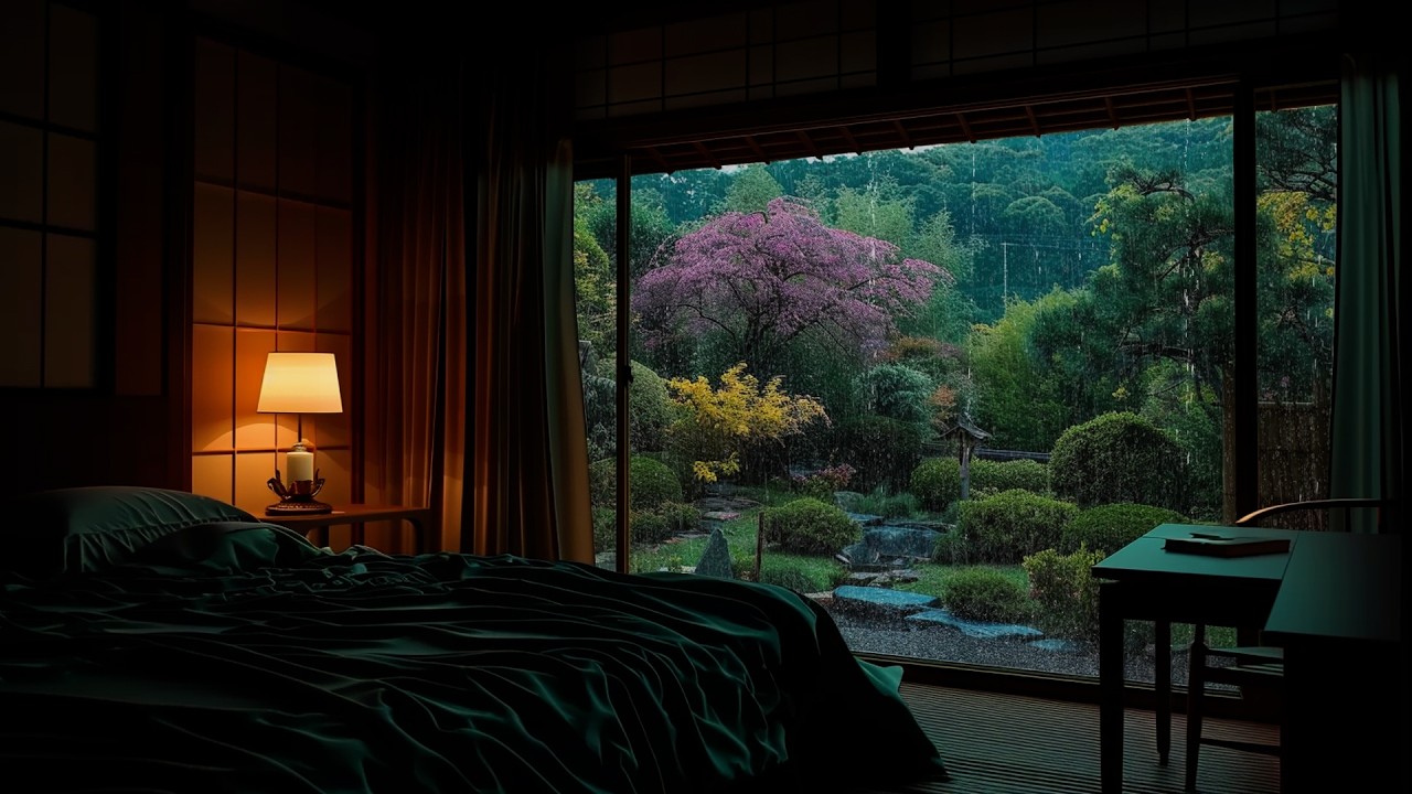Real Heavy Rain Sounds in Peaceful Ryokan 🌧️ Pink Blossom Garden Ambience for Sleep & Study