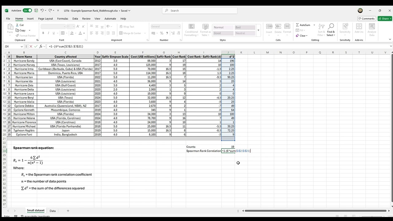 Example Spearman Rank Walkthrough using Microsoft Excel