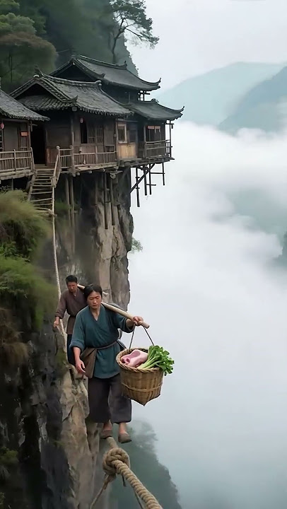 天堑横空一线牵,货担颤颤若浮烟。脚下云涛千万里,从容步步是仙缘!#治愈系风景 #田园生活 #儿时记忆 #乡村#治愈系#童年记忆 #悬崖上的温馨#暖心 #travel#温馨#隐居#悬崖 #武侠风