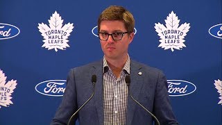 General manager kyle dubas addresses the media at mastercard centre
during opening day of training camp.