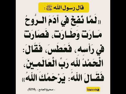 لما نفخ الله الروح في آدم صارت روحه في رأسه فعطس فقال الحمد لله رب العالمين فقال الله يرحمك الله