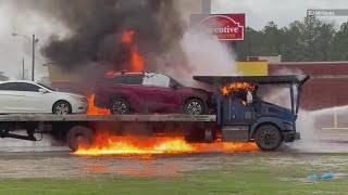 Tow truck driver barely escapes moments before vehicle erupts in flames in Orange