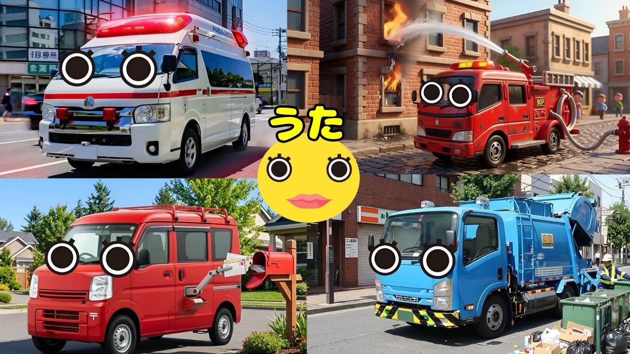【働く車の歌】ハローこんにちは♪みんなのおしごと!のりもの編 123 救急車・消防車 他【オリジナルソング】