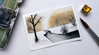 Easy watercolor river painting tutorial for beginners » How to paint a winter landscape step by step