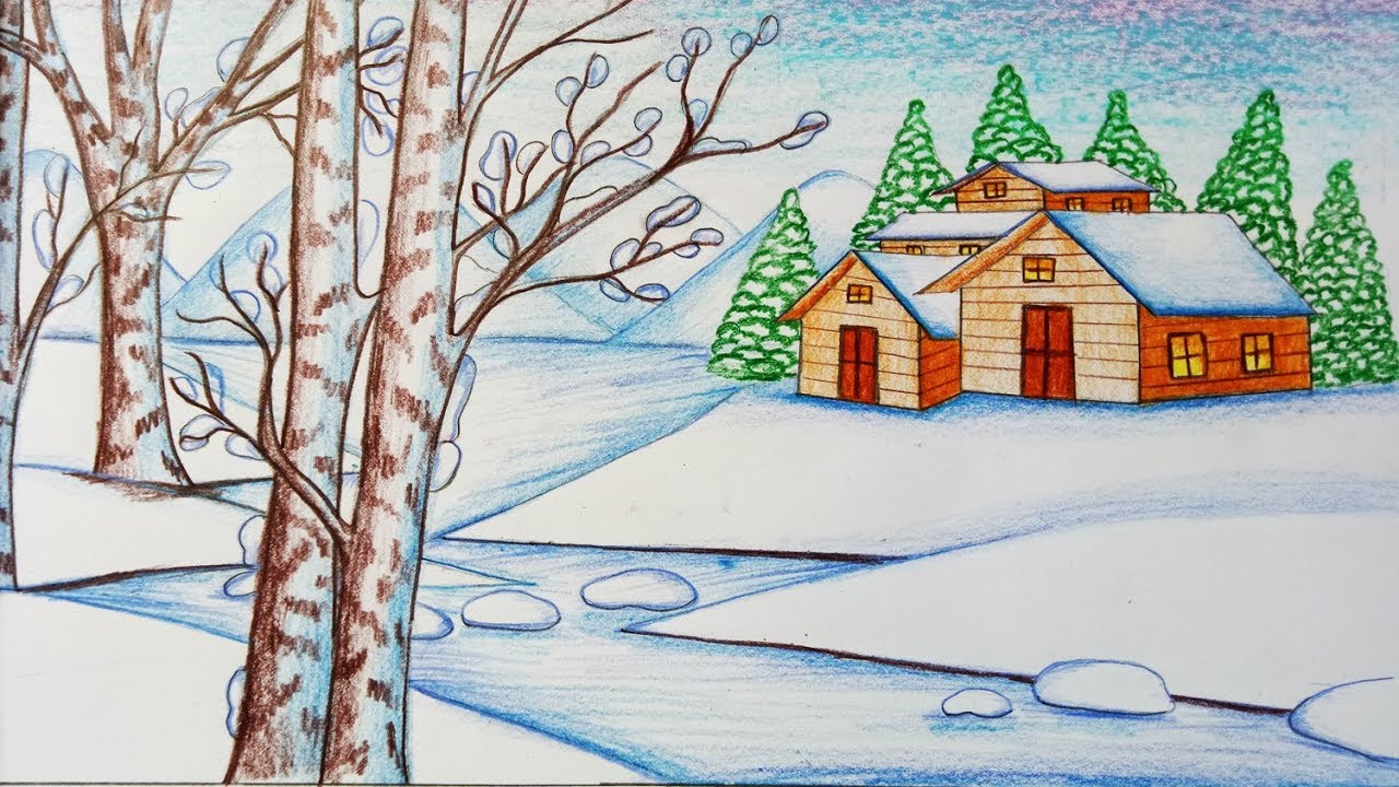 How to draw a snowfall landscape by pencil winter season secenry drawing  by only one pencil  YouTube