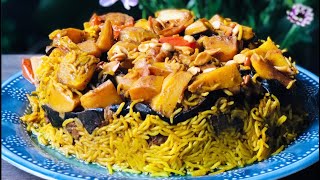 مقلوبه الباذنجان واللحم  lamb and eggplant maqloubah