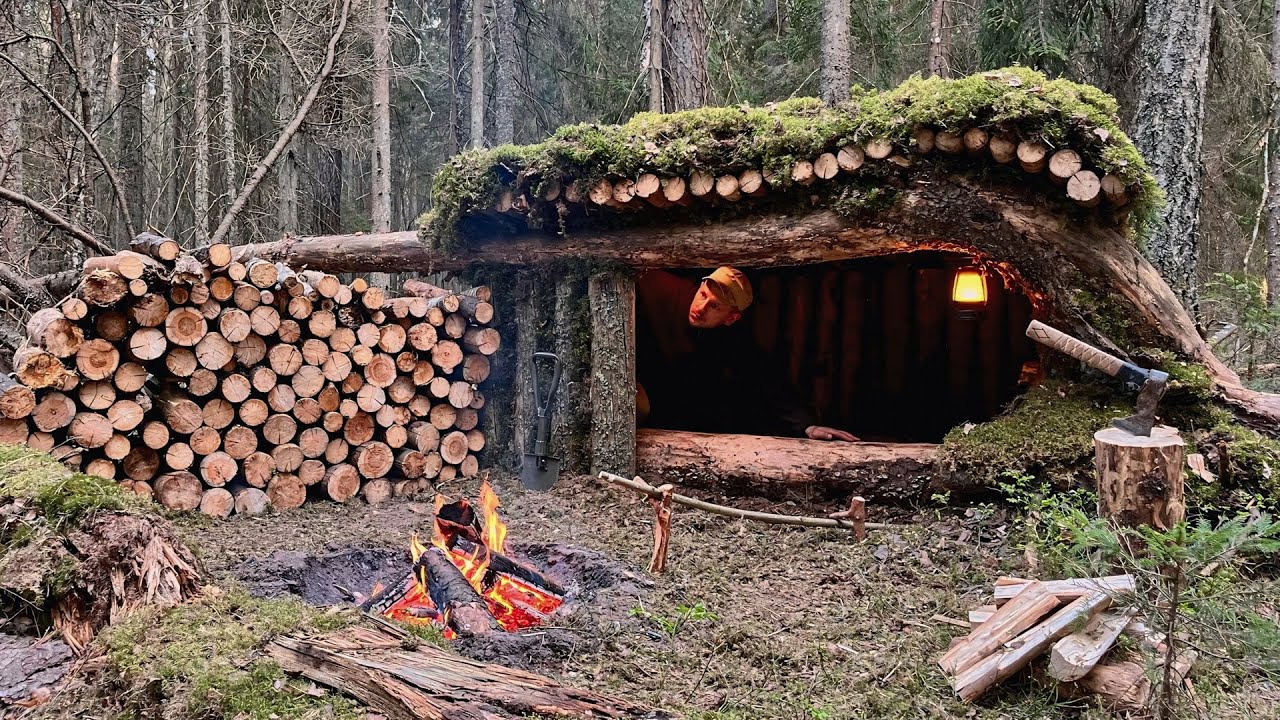 48 Hours in a Survival Shelter  Building a shelter for survival and survival skills in the wild.