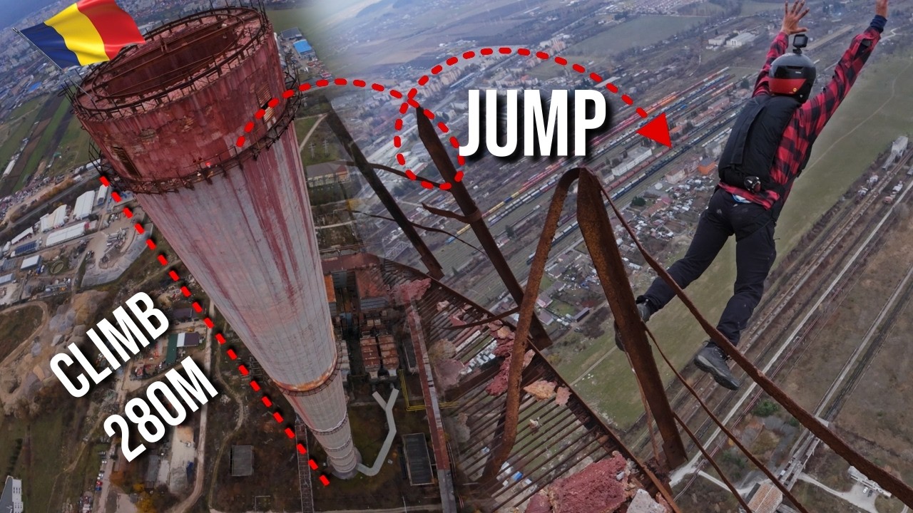 Climb and jump from an old rusty chimney  - BASE Jump 4k