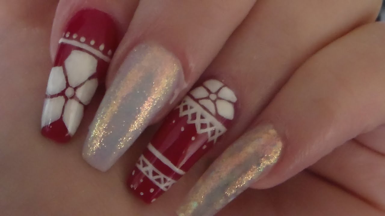 Acrylic Nails Hand Painted Christmas Sweater Nail art YouTube