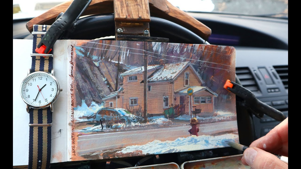 Paint a Winter Streetscape in Gouache from Inside a Parked Car