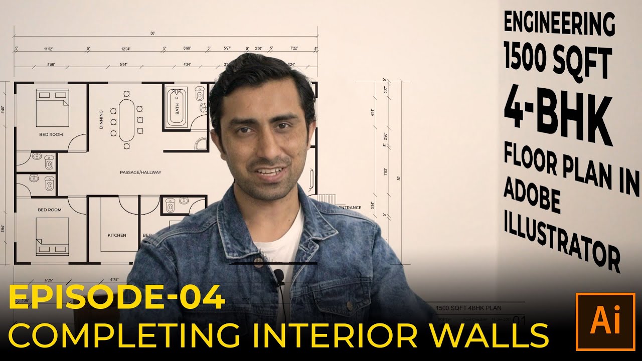 Engineering1500 SqFt 4-BHK Floor Plan in Adobe Illustrator - Episode 04 ...