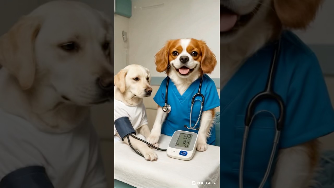 Check up Blood pressure Nurse dog Rudy taking Cavalier King Charles Spaniel nurse 