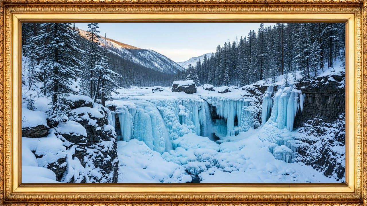 4K Snowy Landscapes – Frozen Waterfalls, Winter Villages & Starry Night Cabins