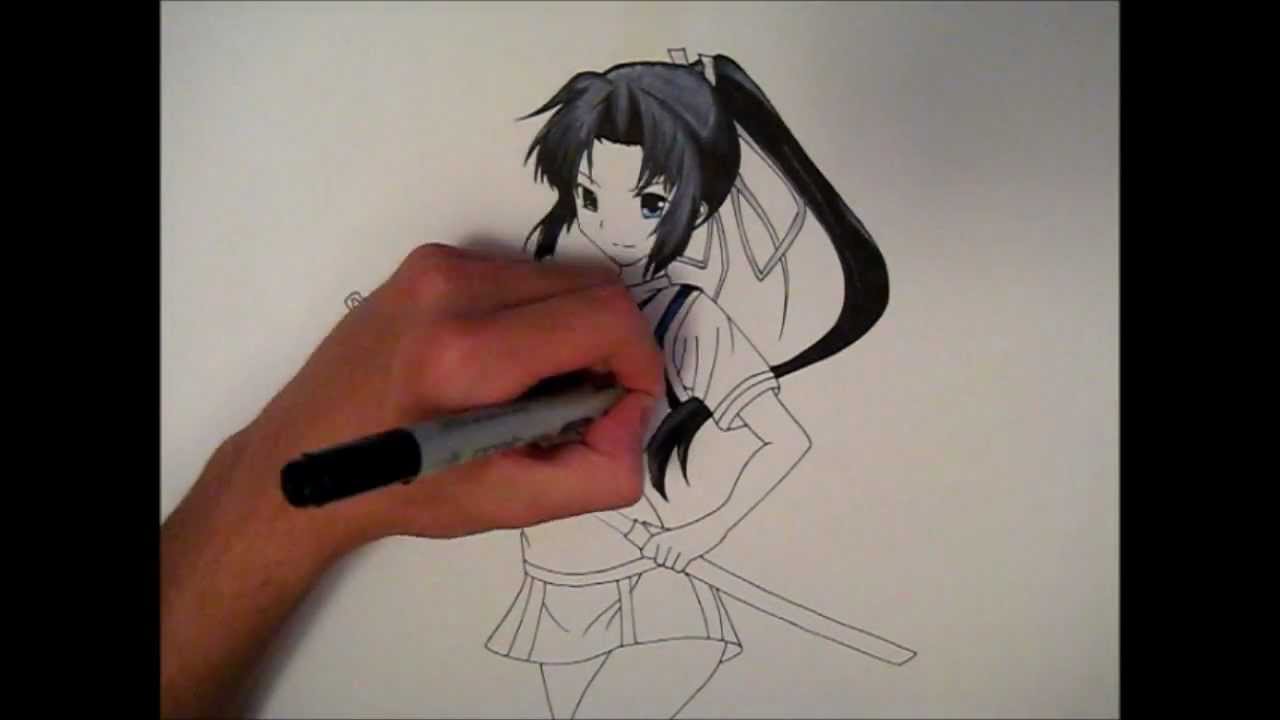 anime girl with sword sketch