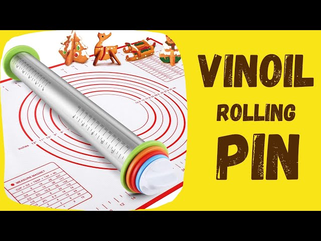 Vinoil Rolling Pins, Stainless Steel Dough Roller, Rolling Pin and Silicone Baking Pastry Mat Set, Adjustable Rolling Pin with Thickness Rings for