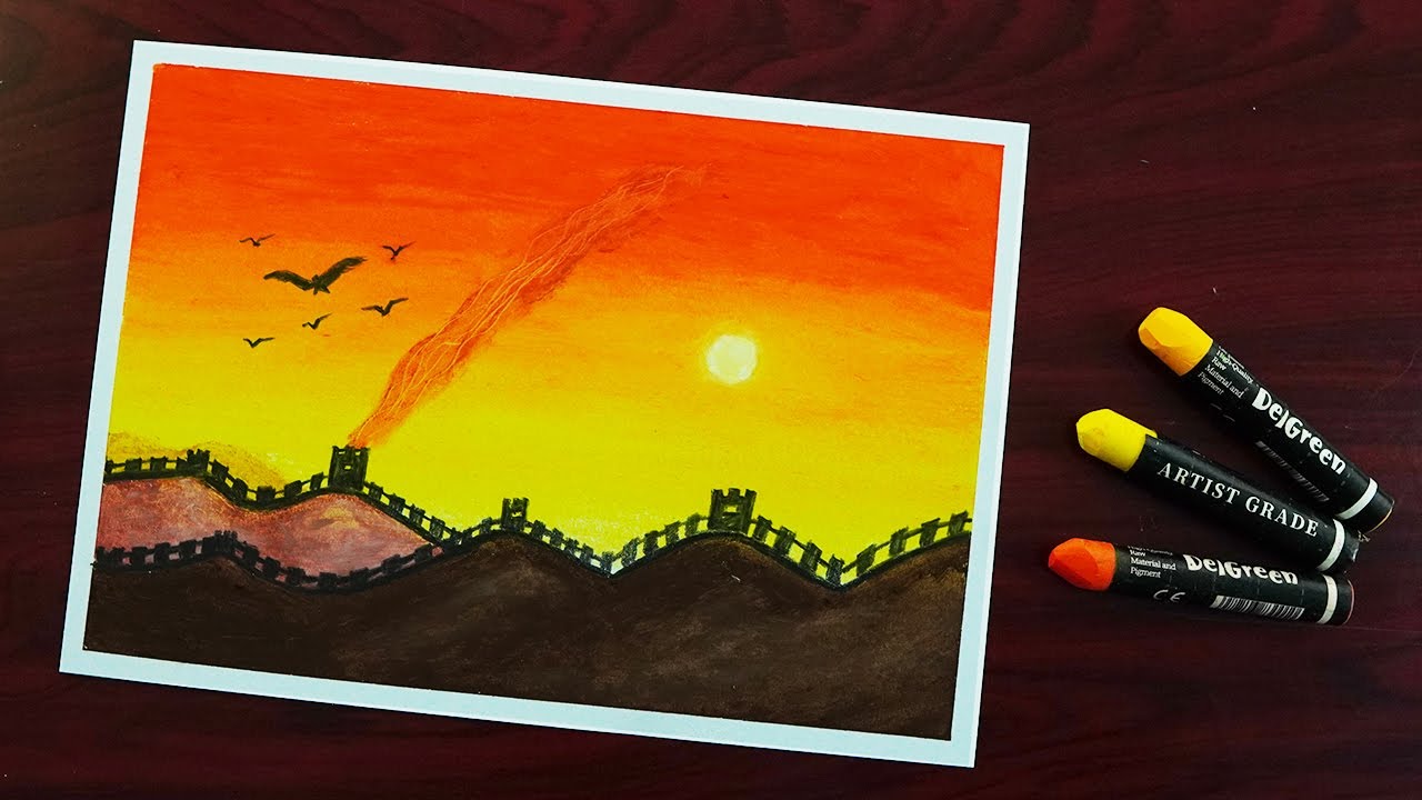 Great Wall Of China At Sunset Drawing For Beginners With Oil Pastels Step By Step Youtube