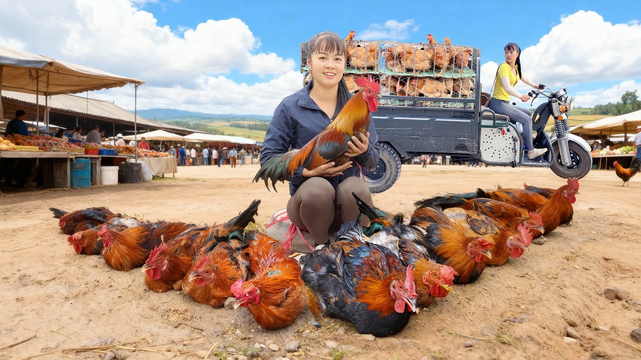 Harvesting Chickens After 6 Month Of Raising, Use 3-Wheeled Truck Transport Goes To Market Sell