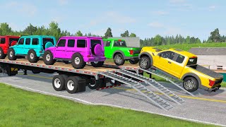 Flatbed Trailer Mercedes Cars Transportation with Truck - Speed Bumps vs Car | #05 - BeamNG.Drive