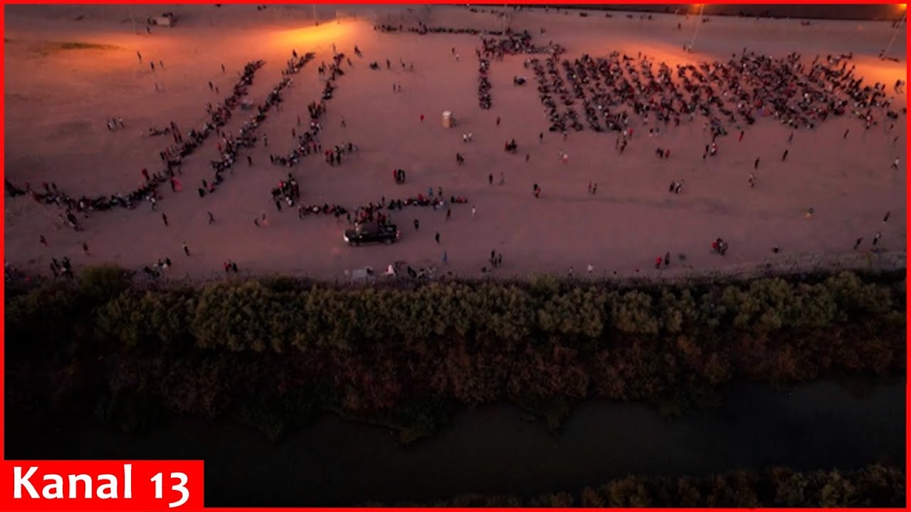 Drone views show migrants crossing to US side of border to demand ...