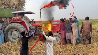 mf 385 tractor power fails | mf 385 tractor pulling heavy loaded sugarcane trolley | tractors videos
