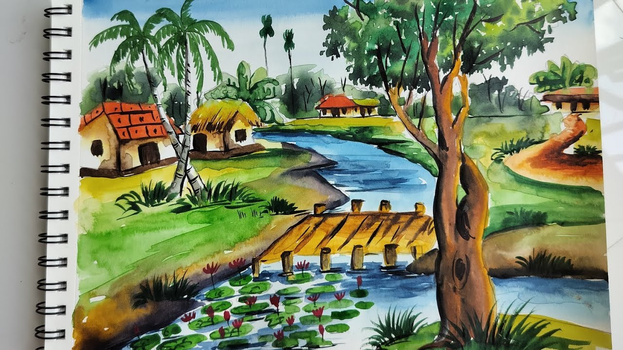 How to draw easy scenery with watercolor/Easy scenery drawing with ...