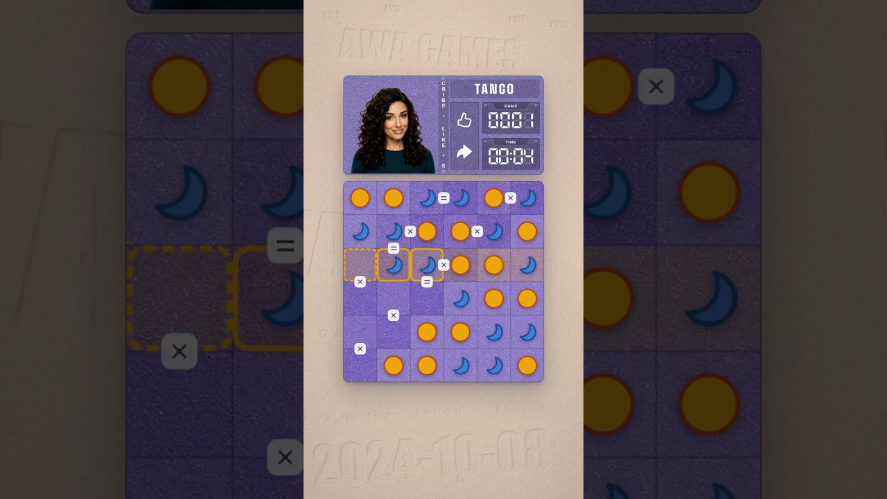 LinkedIn Tango #1 solved board for October 8, 2024, 6x6 grid