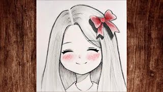 Drawing a Cute Anime Girl with a Red Bow | Soft Pencil Sketch screenshot 5