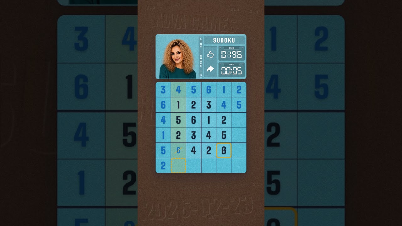LinkedIn Mini Sudoku #196 solved board for February 23, 2026, 6x6 grid