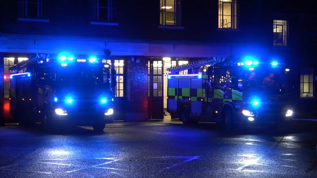 Leicestershire Fire & Rescue Service, FE S30P1 & FE S30P2 (Central) EmergencyOne pumps, turning out.