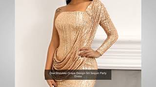 One Shoulder Drape Design Slit Sequin Party Dress