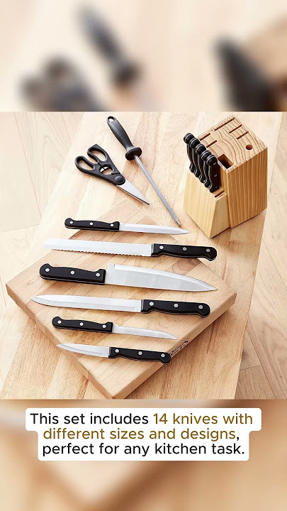 14-Piece High Carbon Stainless Steel Kitchen Knife Set with Sharpener & Pinewood Block, Bl