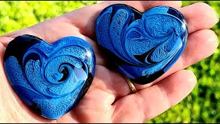 #1114 WOW! Incredible 'Feathery' Effect In These Gorgeous Blue Resin Petri Hearts