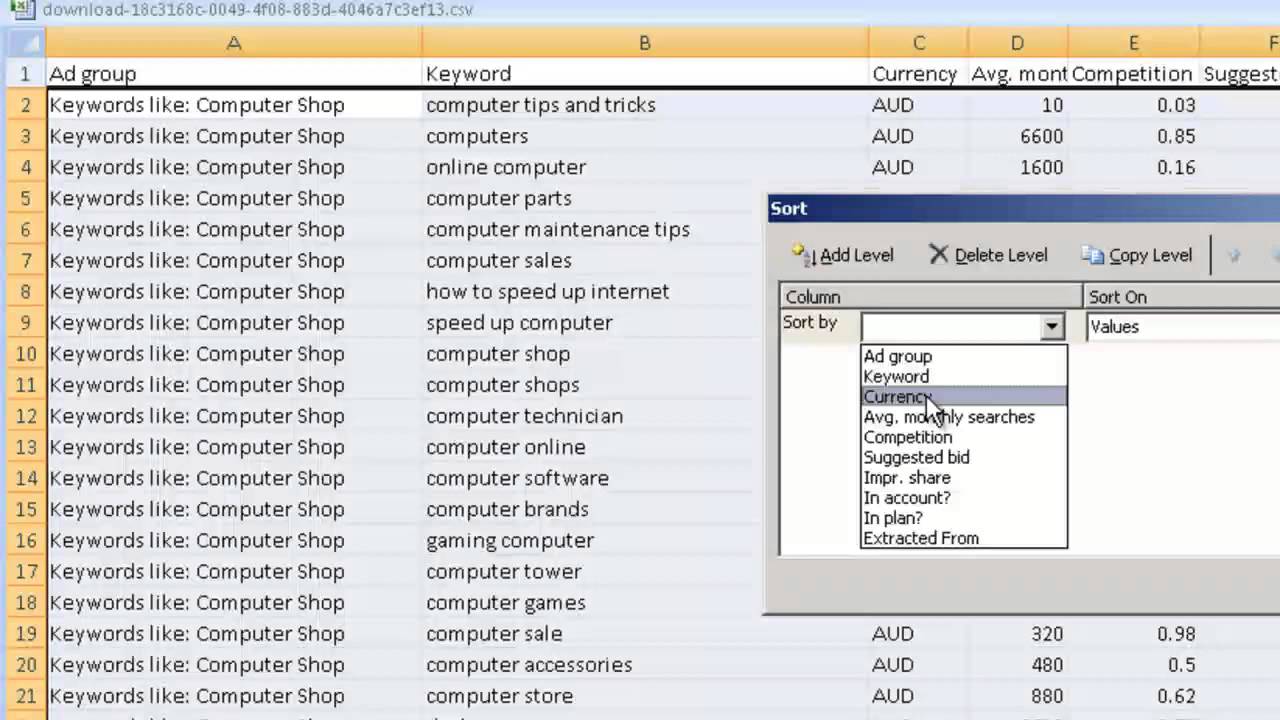 How To Sort The Google Adwords Keywords in Excel To Find