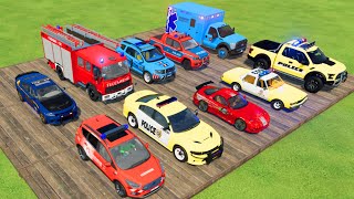 TRANSPORTING CARS, FIRE TRUCK, POLICE CARS, AMBULANCE OF COLORS! WITH TRUCKS!  FARMING SIMULATOR 22