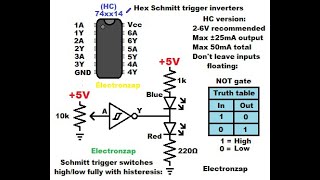 7414 74HC14 hex schmitt trigger inverter integrated circuit introduction with electronics LEDs