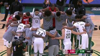 Kevin Durant, Amen Thompson, and Reed Sheppard join the prayer circle of the Bucks after todays win