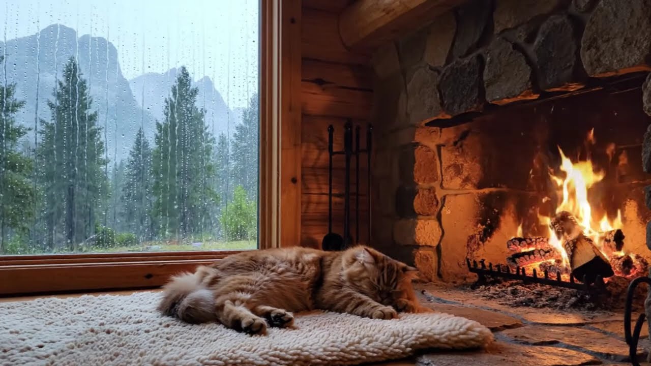 🌧️ Sleep Fast & Relax Deeply | Rainy Cabin Fireplace Ambience with Peaceful Sleeping Cat