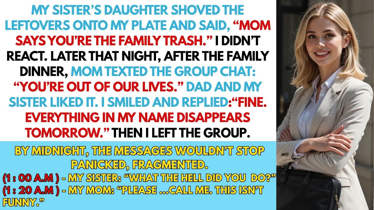 My Sister’s Daughter Pushed Leftovers Onto My Plate, Saying “Mom Says You’re Family Trash.” Then I…
